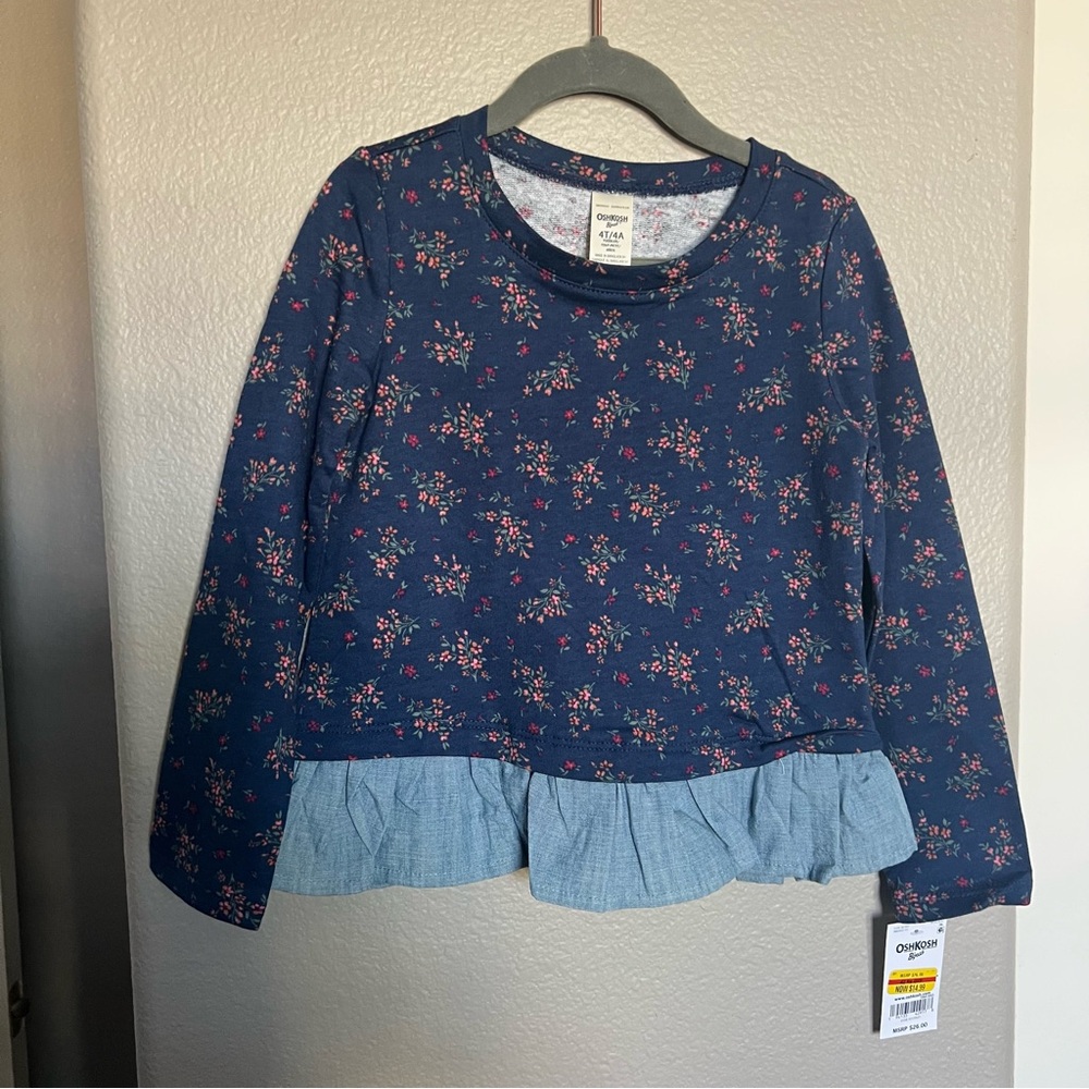 Floral Navy Kids Top with Ruffle Hem